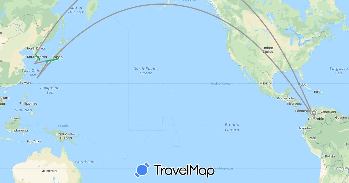 TravelMap itinerary: driving, bus, plane, boat in Colombia, Japan, South Korea (Asia, South America)